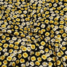 Load image into Gallery viewer, Double Brushed Poly, DPB,  Knit Fabric, Beautiful Ditzy White and Yellow Flowers on Black, So Soft and Versatile, Sold by the 1/2 yard
