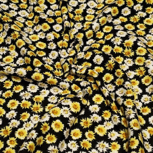 Double Brushed Poly, DPB,  Knit Fabric, Beautiful Ditzy White and Yellow Flowers on Black, So Soft and Versatile, Sold by the 1/2 yard