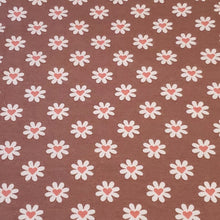 Load image into Gallery viewer, Cotton Spandex Euro Knit Fabric, Cocoa Mauve, White Flower with Pink Heart, Excellent Quality And Soft, 4-way Stretch. Sold by the 1/2 yard.
