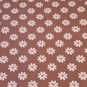 Cotton Spandex Euro Knit Fabric, Cocoa Mauve, White Flower with Pink Heart, Excellent Quality And Soft, 4-way Stretch. Sold by the 1/2 yard.