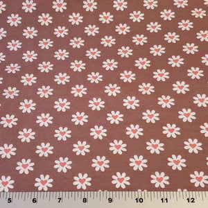 Cotton Spandex Euro Knit Fabric, Cocoa Mauve, White Flower with Pink Heart, Excellent Quality And Soft, 4-way Stretch. Sold by the 1/2 yard.