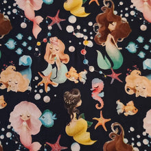 Load image into Gallery viewer, Cotton Spandex Euro Knit Fabric, Mermaids, Seahorses, Starfish and More, Excellent Quality Soft Fabric, 4-way Stretch. Sold by the 1/2 yard.
