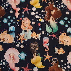 Cotton Spandex Euro Knit Fabric, Mermaids, Seahorses, Starfish and More, Excellent Quality Soft Fabric, 4-way Stretch. Sold by the 1/2 yard.