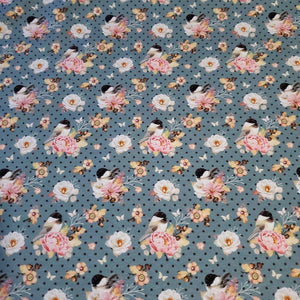 Cotton Spandex Euro Knit Fabric: Cute Bird and Pretty Pink Floral Print, Excellent Quality Soft Fabric, 4-way stretch .Sold by the 1/2 yard.