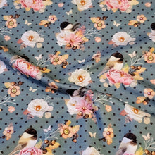 Load image into Gallery viewer, Cotton Spandex Euro Knit Fabric: Cute Bird and Pretty Pink Floral Print, Excellent Quality Soft Fabric, 4-way stretch .Sold by the 1/2 yard.
