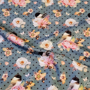 Cotton Spandex Euro Knit Fabric: Cute Bird and Pretty Pink Floral Print, Excellent Quality Soft Fabric, 4-way stretch .Sold by the 1/2 yard.