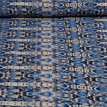 Load image into Gallery viewer, Rayon Challis, Fun and Pretty Blue, Black, and Ivory Boho Print. Light and Flowing Fabric. Nice Rayon Woven Fabric. Sold by the 1/2 yard
