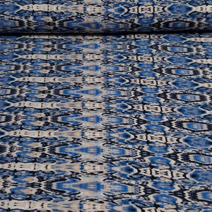 Rayon Challis, Fun and Pretty Blue, Black, and Ivory Boho Print. Light and Flowing Fabric. Nice Rayon Woven Fabric. Sold by the 1/2 yard