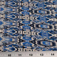 Load image into Gallery viewer, Rayon Challis, Fun and Pretty Blue, Black, and Ivory Boho Print. Light and Flowing Fabric. Nice Rayon Woven Fabric. Sold by the 1/2 yard
