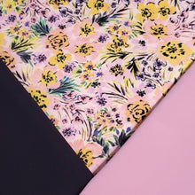 Load image into Gallery viewer, SWIM Fabric: Nylon Spandex Knit, Pretty Pink and Yellow and Plum Floral Swimwear Fabric. Nice Quality 4-Way Stretch. Sold by the 1/2 yard
