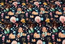 Load image into Gallery viewer, Cotton Spandex Euro Knit Fabric, Mermaids, Seahorses, Starfish and More, Excellent Quality Soft Fabric, 4-way Stretch. Sold by the 1/2 yard.
