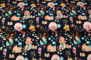 Cotton Spandex Euro Knit Fabric, Mermaids, Seahorses, Starfish and More, Excellent Quality Soft Fabric, 4-way Stretch. Sold by the 1/2 yard.