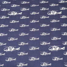 Load image into Gallery viewer, Cotton Spandex Euro Knit Fabric: White Helicopters on Dark Denim Blue, Excellent Quality Soft Fabric, 4-way stretch. Sold by the 1/2 yard.
