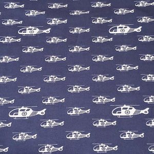 Cotton Spandex Euro Knit Fabric: White Helicopters on Dark Denim Blue, Excellent Quality Soft Fabric, 4-way stretch. Sold by the 1/2 yard.