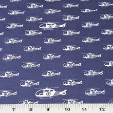 Load image into Gallery viewer, Cotton Spandex Euro Knit Fabric: White Helicopters on Dark Denim Blue, Excellent Quality Soft Fabric, 4-way stretch. Sold by the 1/2 yard.
