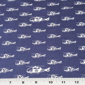 Cotton Spandex Euro Knit Fabric: White Helicopters on Dark Denim Blue, Excellent Quality Soft Fabric, 4-way stretch. Sold by the 1/2 yard.