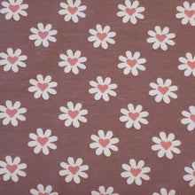 Load image into Gallery viewer, Cotton Spandex Euro Knit Fabric, Cocoa Mauve, White Flower with Pink Heart, Excellent Quality And Soft, 4-way Stretch. Sold by the 1/2 yard.
