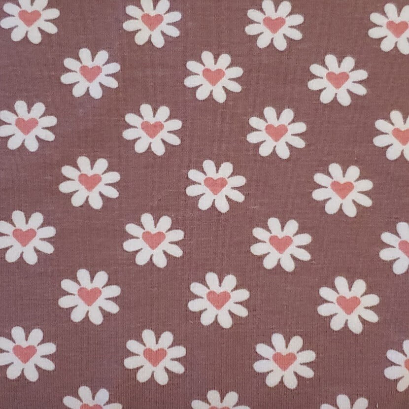 Cotton Spandex Euro Knit Fabric, Cocoa Mauve, White Flower with Pink Heart, Excellent Quality And Soft, 4-way Stretch. Sold by the 1/2 yard.