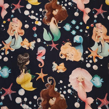 Load image into Gallery viewer, Cotton Spandex Euro Knit Fabric, Mermaids, Seahorses, Starfish and More, Excellent Quality Soft Fabric, 4-way Stretch. Sold by the 1/2 yard.
