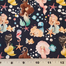 Load image into Gallery viewer, Cotton Spandex Euro Knit Fabric, Mermaids, Seahorses, Starfish and More, Excellent Quality Soft Fabric, 4-way Stretch. Sold by the 1/2 yard.
