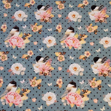 Load image into Gallery viewer, Cotton Spandex Euro Knit Fabric: Cute Bird and Pretty Pink Floral Print, Excellent Quality Soft Fabric, 4-way stretch .Sold by the 1/2 yard.
