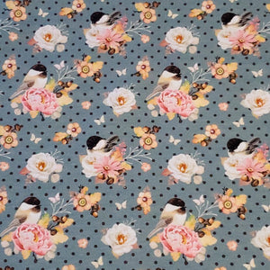 Cotton Spandex Euro Knit Fabric: Cute Bird and Pretty Pink Floral Print, Excellent Quality Soft Fabric, 4-way stretch .Sold by the 1/2 yard.