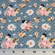 Load image into Gallery viewer, Cotton Spandex Euro Knit Fabric: Cute Bird and Pretty Pink Floral Print, Excellent Quality Soft Fabric, 4-way stretch .Sold by the 1/2 yard.
