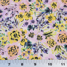 Load image into Gallery viewer, SWIM Fabric: Nylon Spandex Knit, Pretty Pink and Yellow and Plum Floral Swimwear Fabric. Nice Quality 4-Way Stretch. Sold by the 1/2 yard
