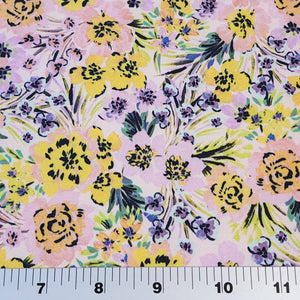 SWIM Fabric: Nylon Spandex Knit, Pretty Pink and Yellow and Plum Floral Swimwear Fabric. Nice Quality 4-Way Stretch. Sold by the 1/2 yard