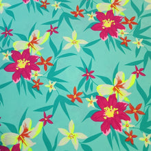 Load image into Gallery viewer, SWIM Fabric: Nylon Spandex Knit, Pretty Hot Pink Floral on Teal Green. Very Nice Quality Activewear and Swimwear. Sold by the 1/2 yard
