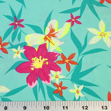 Load image into Gallery viewer, SWIM Fabric: Nylon Spandex Knit, Pretty Hot Pink Floral on Teal Green. Very Nice Quality Activewear and Swimwear. Sold by the 1/2 yard
