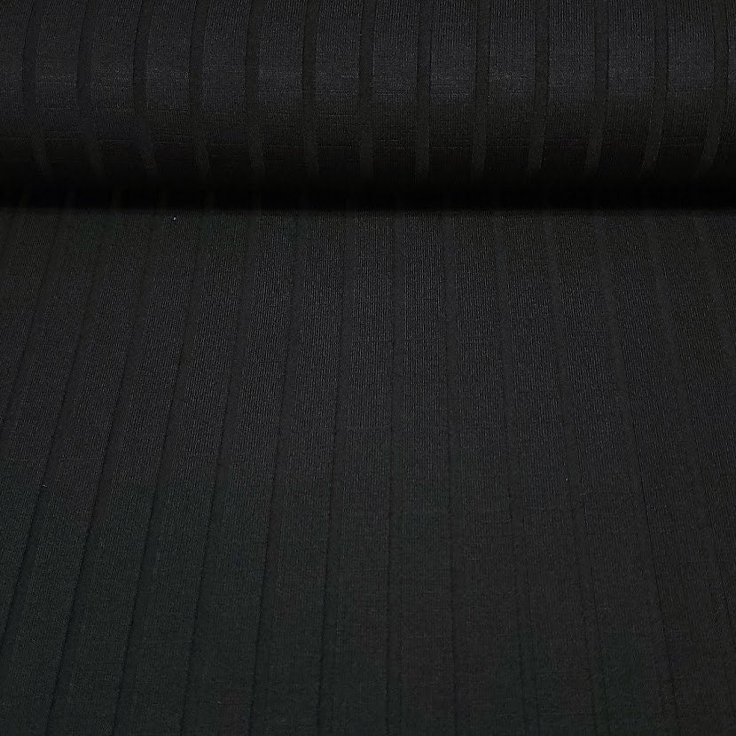 Viscose Spandex Euro Knit Fabric: Solid Black with Rib Texture, Great Quality Soft and Silky Fabric, 4-way stretch. Sold by the 1/2 yard.