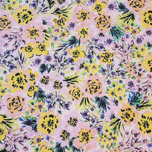 Load image into Gallery viewer, SWIM Fabric: Nylon Spandex Knit, Pretty Pink and Yellow and Plum Floral Swimwear Fabric. Nice Quality 4-Way Stretch. Sold by the 1/2 yard
