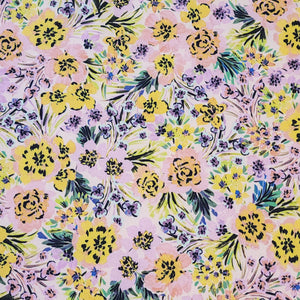 SWIM Fabric: Nylon Spandex Knit, Pretty Pink and Yellow and Plum Floral Swimwear Fabric. Nice Quality 4-Way Stretch. Sold by the 1/2 yard