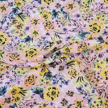 Load image into Gallery viewer, SWIM Fabric: Nylon Spandex Knit, Pretty Pink and Yellow and Plum Floral Swimwear Fabric. Nice Quality 4-Way Stretch. Sold by the 1/2 yard
