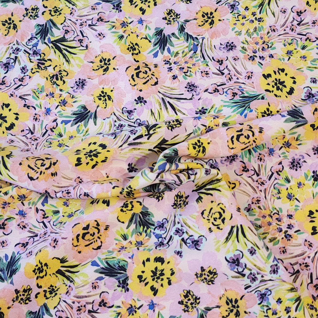 SWIM Fabric: Nylon Spandex Knit, Pretty Pink and Yellow and Plum Floral Swimwear Fabric. Nice Quality 4-Way Stretch. Sold by the 1/2 yard