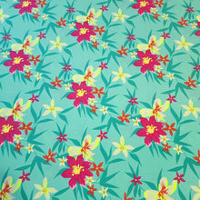 Load image into Gallery viewer, SWIM Fabric: Nylon Spandex Knit, Pretty Hot Pink Floral on Teal Green. Very Nice Quality Activewear and Swimwear. Sold by the 1/2 yard
