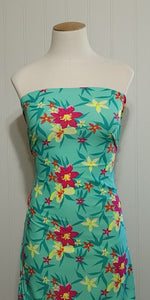 SWIM Fabric: Nylon Spandex Knit, Pretty Hot Pink Floral on Teal Green. Very Nice Quality Activewear and Swimwear. Sold by the 1/2 yard