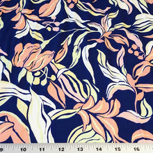 Load image into Gallery viewer, Double Brushed Polyester Knit Fabric, DBP, 4-Way Stretch, Navy with Pink, yellow green leaves, , So Soft and Versatile, Sold by the 1/2 yard
