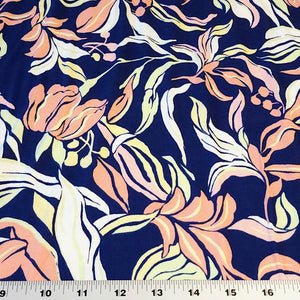 Double Brushed Polyester Knit Fabric, DBP, 4-Way Stretch, Navy with Pink, yellow green leaves, , So Soft and Versatile, Sold by the 1/2 yard