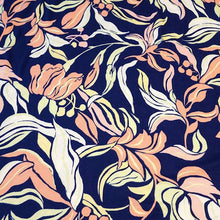 Load image into Gallery viewer, Double Brushed Polyester Knit Fabric, DBP, 4-Way Stretch, Navy with Pink, yellow green leaves, , So Soft and Versatile, Sold by the 1/2 yard
