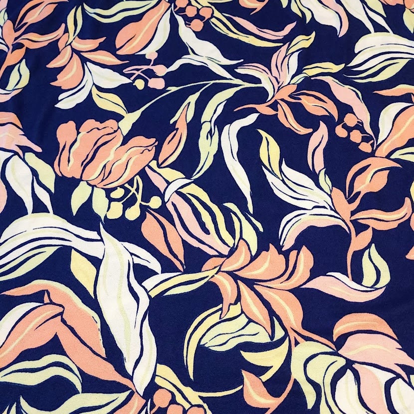 Double Brushed Polyester Knit Fabric, DBP, 4-Way Stretch, Navy with Pink, yellow green leaves, , So Soft and Versatile, Sold by the 1/2 yard