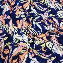 Load image into Gallery viewer, Double Brushed Polyester Knit Fabric, DBP, 4-Way Stretch, Navy with Pink, yellow green leaves, , So Soft and Versatile, Sold by the 1/2 yard
