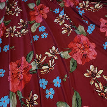 Load image into Gallery viewer, Double Brushed Polyester Knit Fabric, DBP, 4-Way Stretch, a Pretty Burgundy and Blue Floral, So Soft and Versatile, Sold by the 1/2 yard
