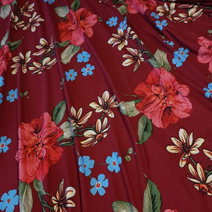 Double Brushed Polyester Knit Fabric, DBP, 4-Way Stretch, a Pretty Burgundy and Blue Floral, So Soft and Versatile, Sold by the 1/2 yard