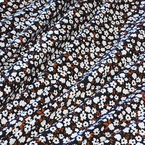 Double Brushed Polyester Knit Fabric, DBP, 4-Way Stretch, Black with White and Rust Dainty Floral, Soft and Versatile, Sold by the 1/2 yard