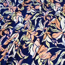 Load image into Gallery viewer, Double Brushed Polyester Knit Fabric, DBP, 4-Way Stretch, Navy with Pink, yellow green leaves, , So Soft and Versatile, Sold by the 1/2 yard
