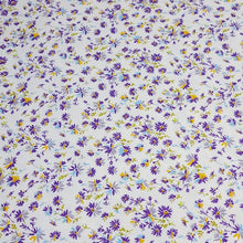 Load image into Gallery viewer, Cotton Spandex Euro Knit Fabric: Dainty Purple or Yellow Beige Floral, Excellent Quality Soft Fabric, 4-way stretch. Sold by the 1/2 yard.
