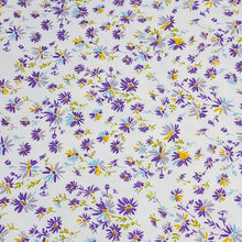 Load image into Gallery viewer, Cotton Spandex Euro Knit Fabric: Dainty Purple or Yellow Beige Floral, Excellent Quality Soft Fabric, 4-way stretch. Sold by the 1/2 yard.
