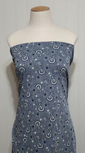 Load image into Gallery viewer, Cotton Spandex Euro Knit Fabric: Cute Denim Blue and White Floral Print, Excellent Quality Soft Fabric, 4-way stretch. Sold by the 1/2 yard.
